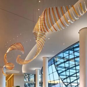 Aurora Helix chandelier installed in modern double height interior Spiral luxury chandelier with warm LED lighting design Contemporary helix suspension chandelier for grand spaces Architectural spiral chandelier with gold accents Modern statement chandelier in luxury lobby setting Designer hanging helix chandelier ceiling installation