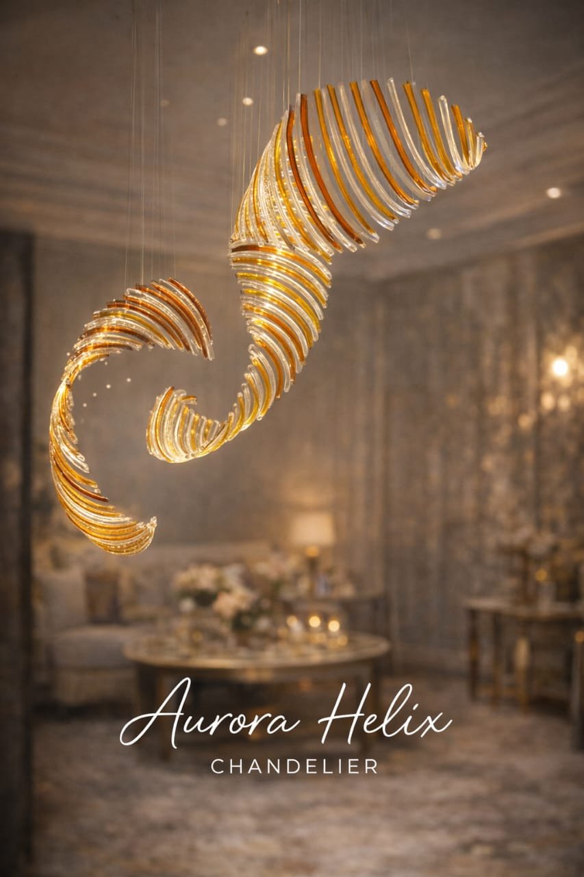 Spiral luxury chandelier with warm LED lighting design Contemporary helix suspension chandelier for grand spaces Architectural spiral chandelier with gold accents Modern statement chandelier in luxury lobby setting Designer hanging helix chandelier ceiling installation
