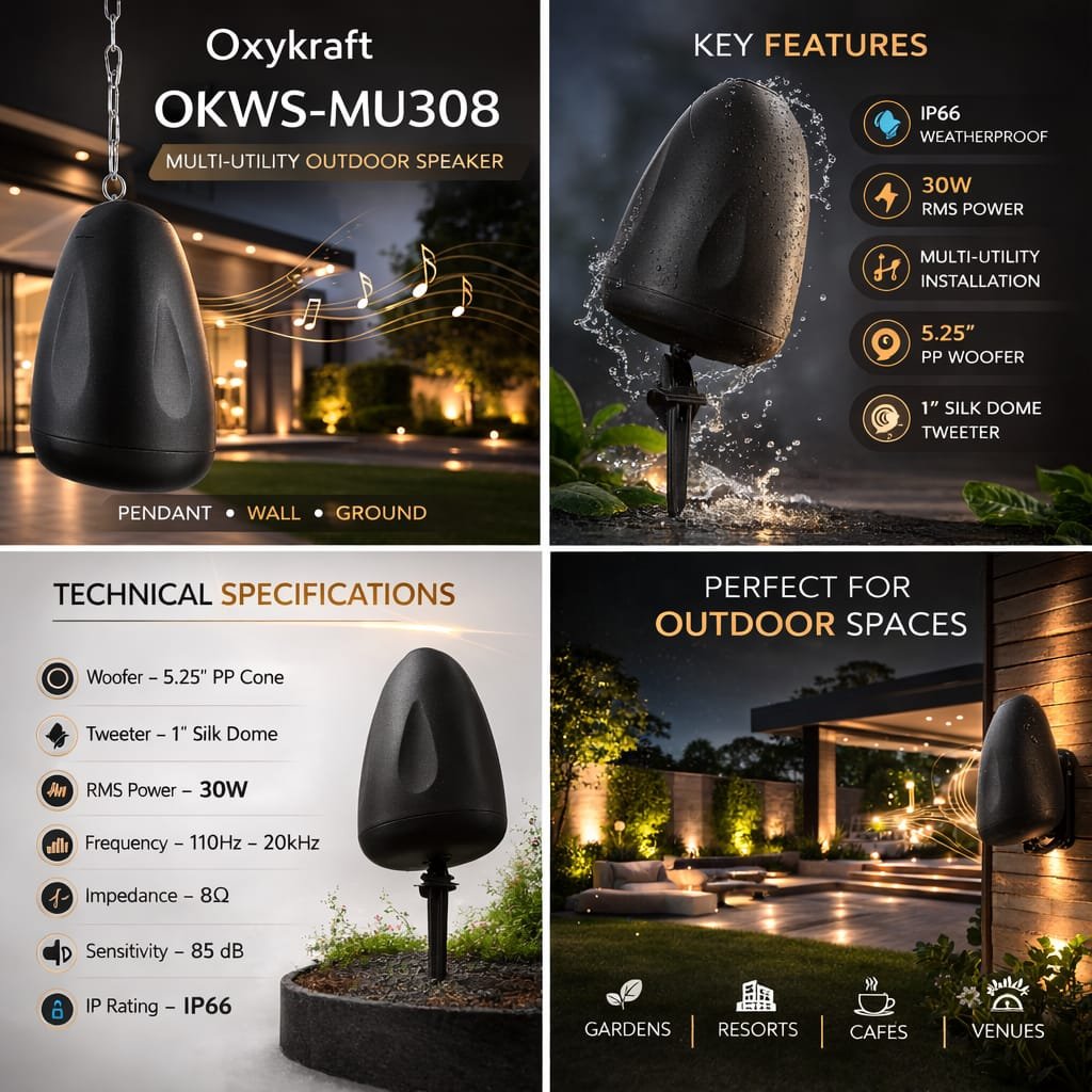 oxykraft okws mu308 outdoor speaker garden installation ip66 weatherproof speaker water resistant test oxykraft hanging pendant outdoor speaker black design garden landscape speaker installation india outdoor cafe audio speaker setup oxykraft multi utility outdoor speaker wall pendant ground mount oxykraft speaker close up waterproof build