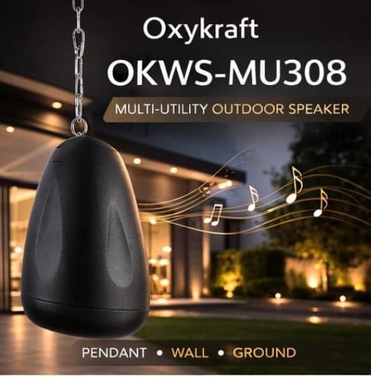 oxykraft okws mu308 outdoor speaker garden installation ip66 weatherproof speaker water resistant test oxykraft hanging pendant outdoor speaker black design garden landscape speaker installation india outdoor cafe audio speaker setup oxykraft multi utility outdoor speaker wall pendant ground mount oxykraft speaker close up waterproof build